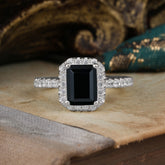 2 Carat Emerald Cut Black Onyx 4 Prong Engagement Ring Pave Halo Bridal Ring